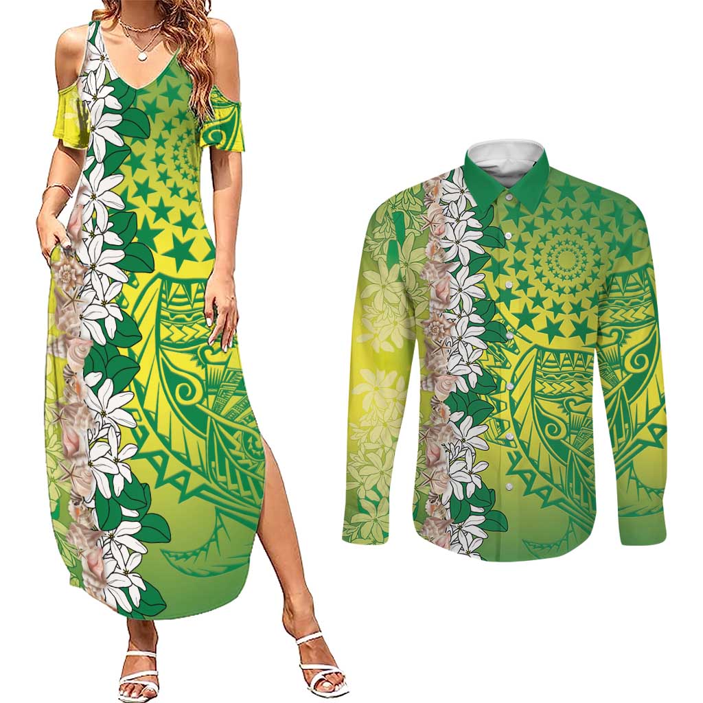 Cook Islands Tiare Maori With Conch Shell Couples Matching Summer Maxi Dress and Long Sleeve Button Shirt Pasifika Fest Polynesian Tattoo Green