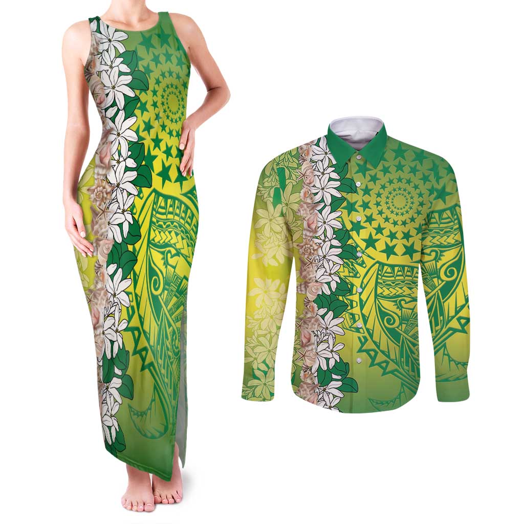 Cook Islands Tiare Maori With Conch Shell Couples Matching Tank Maxi Dress and Long Sleeve Button Shirt Pasifika Fest Polynesian Tattoo Green