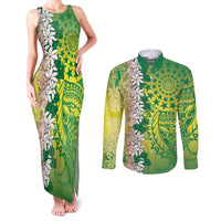 Cook Islands Tiare Maori With Conch Shell Couples Matching Tank Maxi Dress and Long Sleeve Button Shirt Pasifika Fest Polynesian Tattoo Green