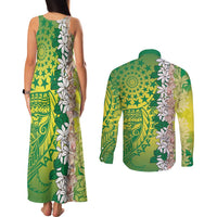 Cook Islands Tiare Maori With Conch Shell Couples Matching Tank Maxi Dress and Long Sleeve Button Shirt Pasifika Fest Polynesian Tattoo Green