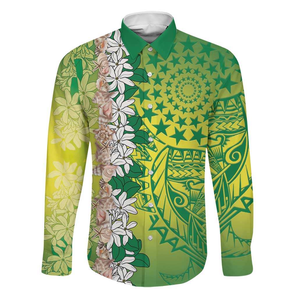 Cook Islands Tiare Maori With Conch Shell Family Matching Mermaid Dress and Hawaiian Shirt Pasifika Fest Polynesian Tattoo Green LT14 Dad's Shirt - Long Sleeve Green - Polynesian Pride