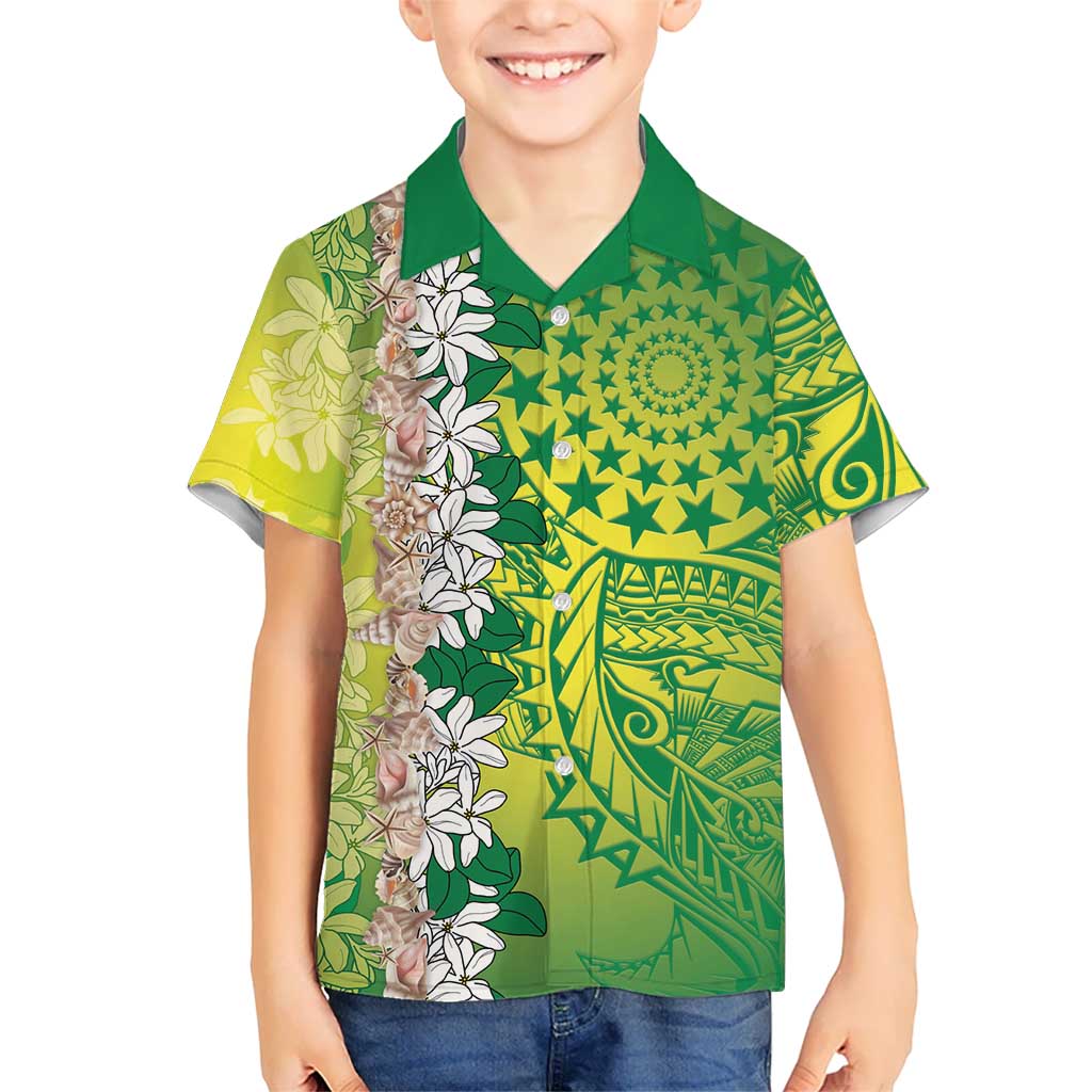 Cook Islands Tiare Maori With Conch Shell Family Matching Off Shoulder Maxi Dress and Hawaiian Shirt Pasifika Fest Polynesian Tattoo Green LT14 Son's Shirt Green - Polynesian Pride