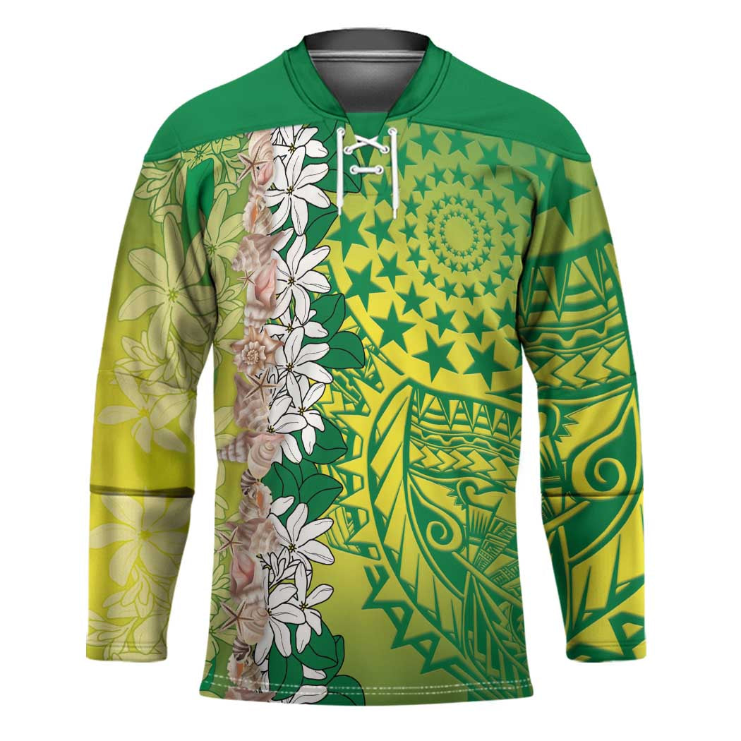Cook Islands Tiare Maori With Conch Shell Hockey Jersey Pasifika Fest Polynesian Tattoo Green