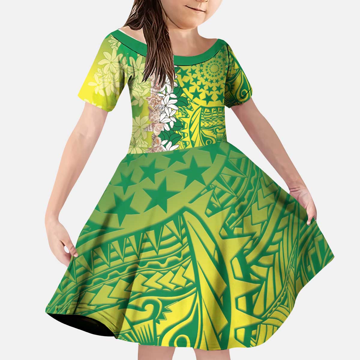 Cook Islands Tiare Maori With Conch Shell Kid Short Sleeve Dress Pasifika Fest Polynesian Tattoo Green
