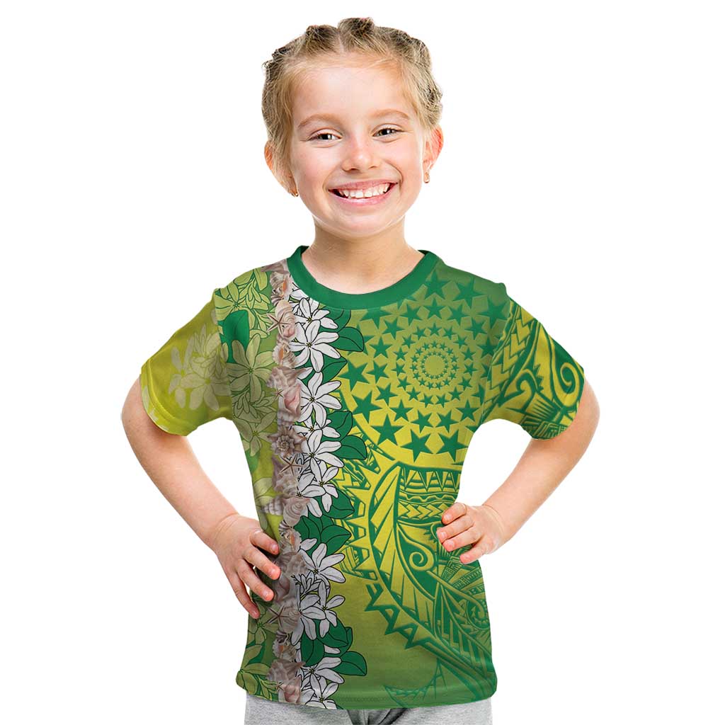 Cook Islands Tiare Maori With Conch Shell Kid T Shirt Pasifika Fest Polynesian Tattoo Green