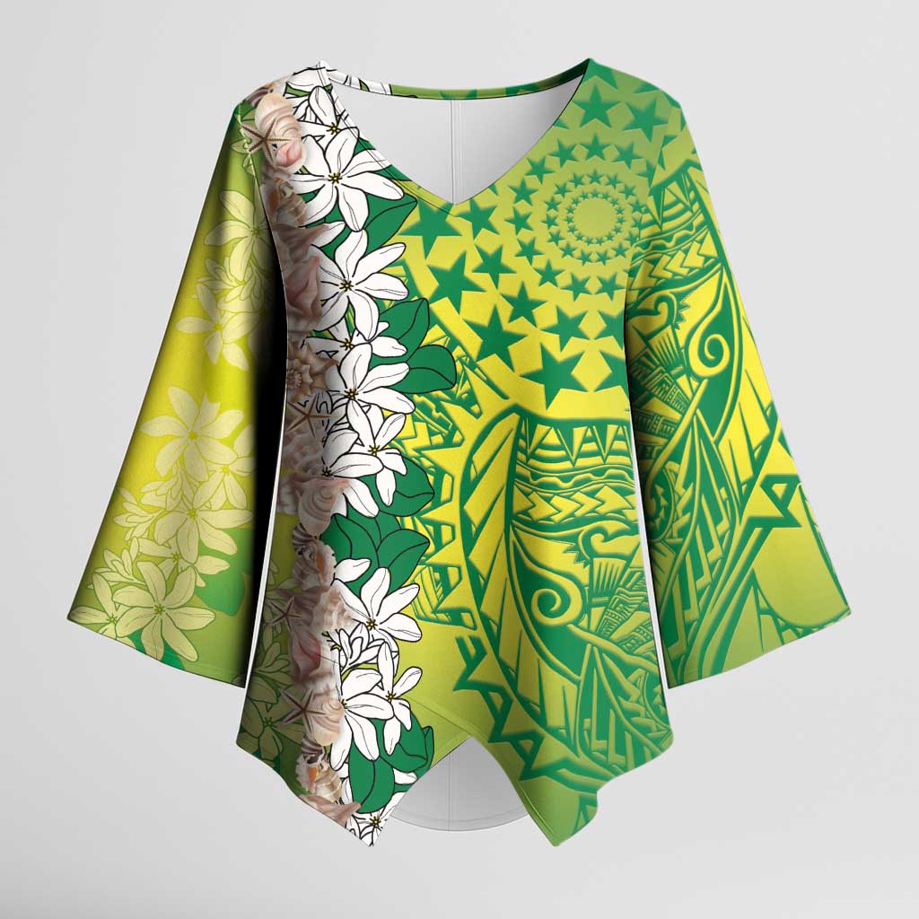 Cook Islands Tiare Maori With Conch Shell Kimono Sleeve Blouse Pasifika Fest Polynesian Tattoo Green LT14 Female Green - Polynesian Pride