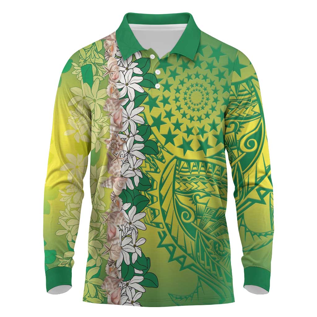 Cook Islands Tiare Maori With Conch Shell Long Sleeve Polo Shirt Pasifika Fest Polynesian Tattoo Green