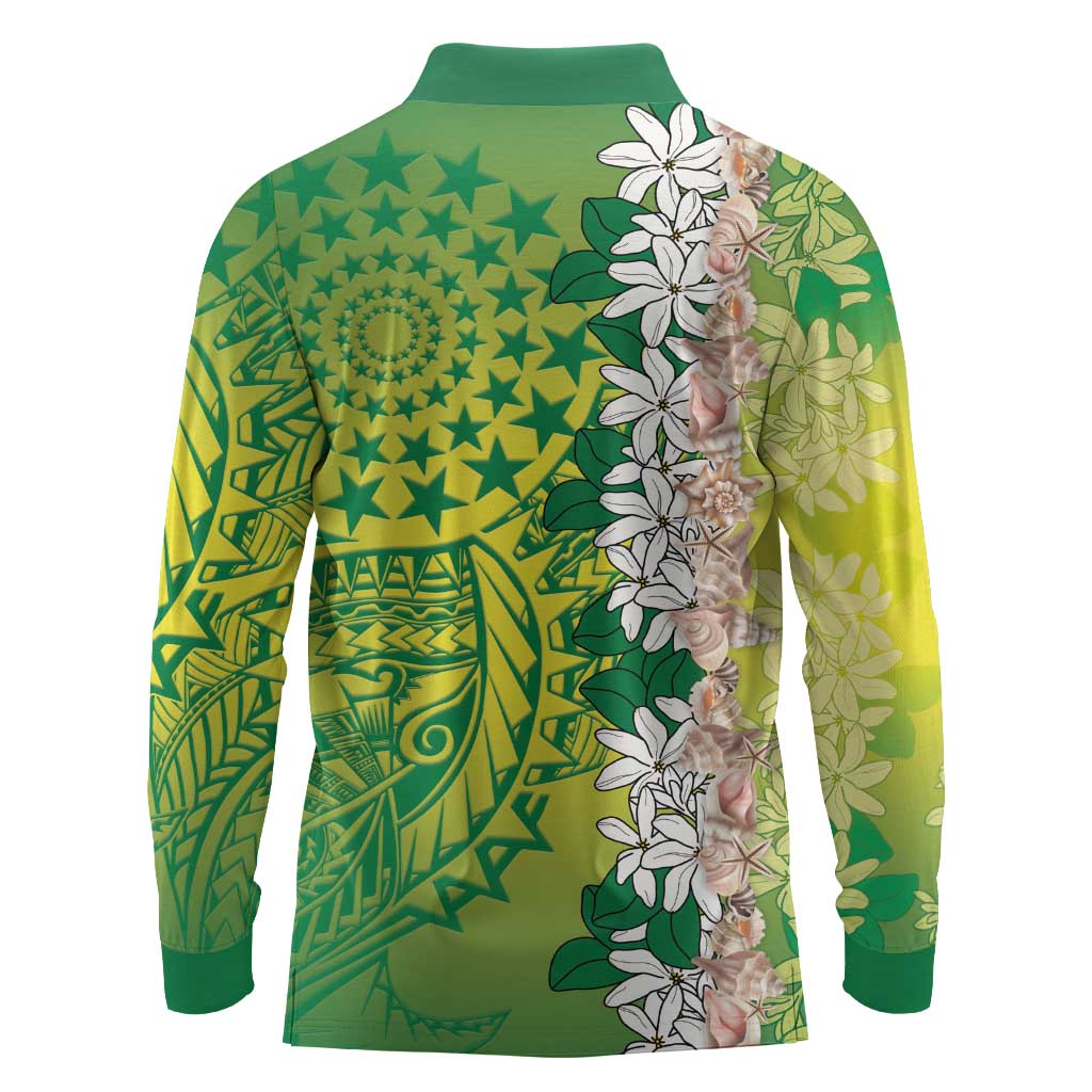 Cook Islands Tiare Maori With Conch Shell Long Sleeve Polo Shirt Pasifika Fest Polynesian Tattoo Green