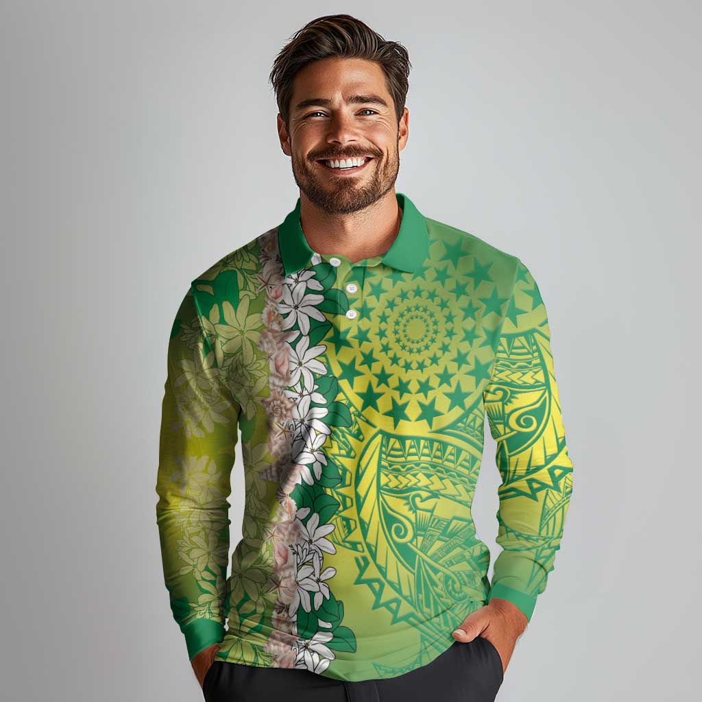 Cook Islands Tiare Maori With Conch Shell Long Sleeve Polo Shirt Pasifika Fest Polynesian Tattoo Green