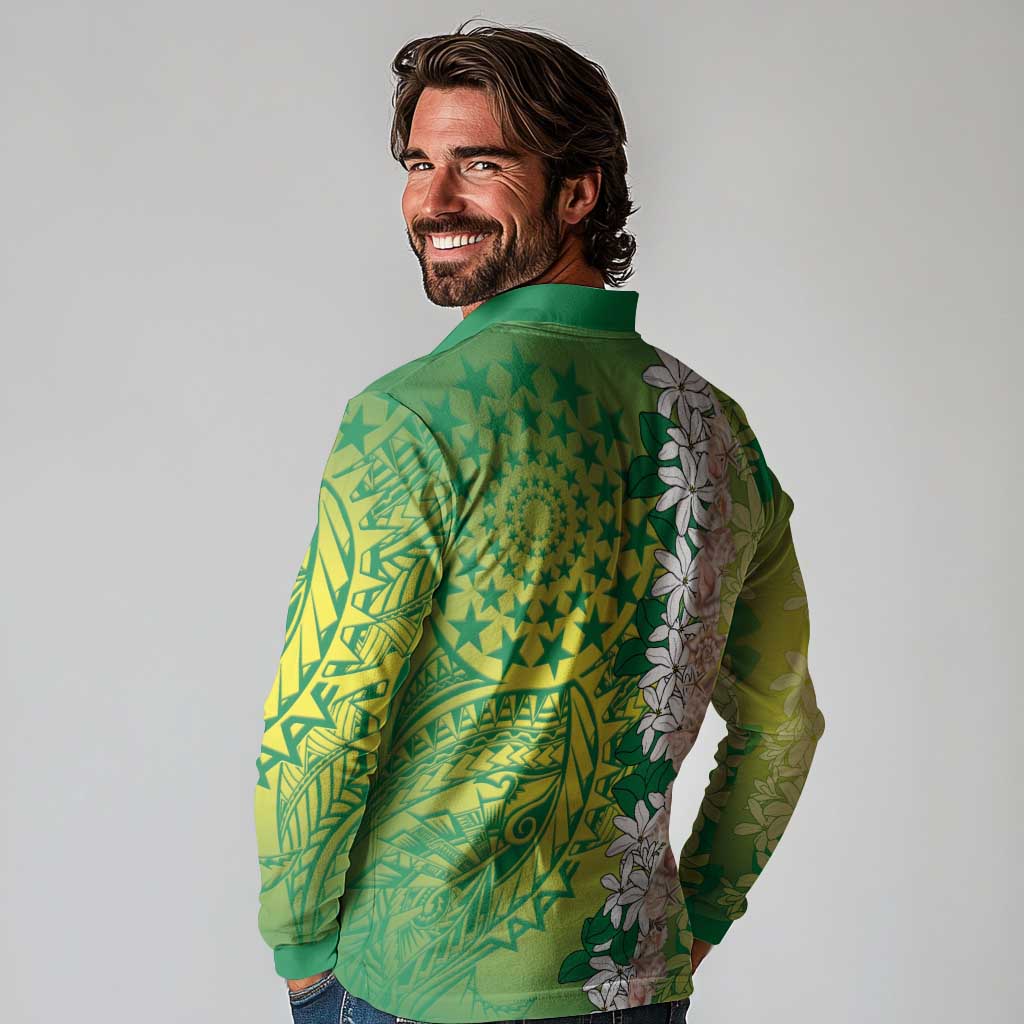 Cook Islands Tiare Maori With Conch Shell Long Sleeve Polo Shirt Pasifika Fest Polynesian Tattoo Green