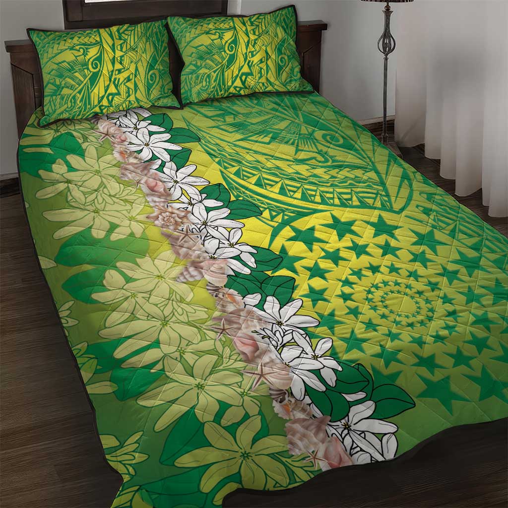 Cook Islands Tiare Maori With Conch Shell Quilt Bed Set Pasifika Fest Polynesian Tattoo Green LT14 Green - Polynesian Pride