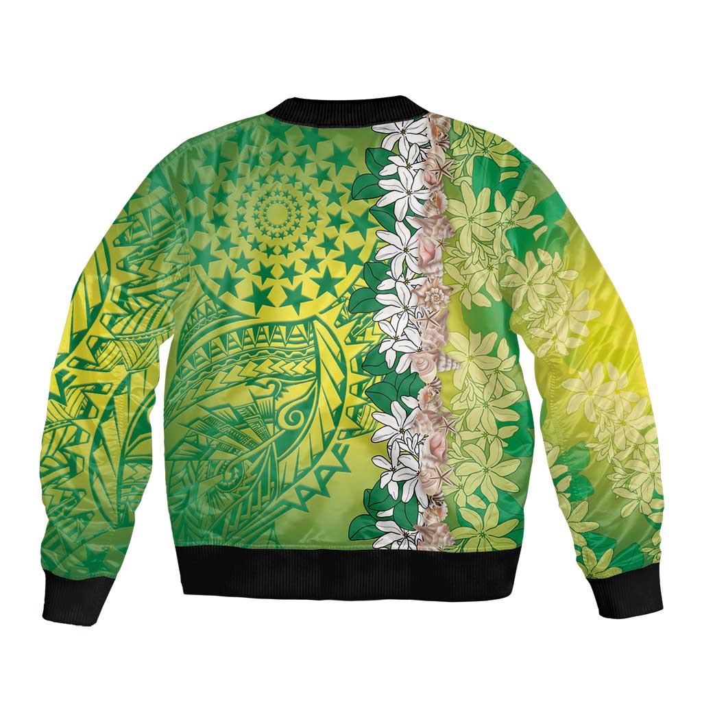 Cook Islands Tiare Maori With Conch Shell Sleeve Zip Bomber Jacket Pasifika Fest Polynesian Tattoo Green LT14 - Polynesian Pride
