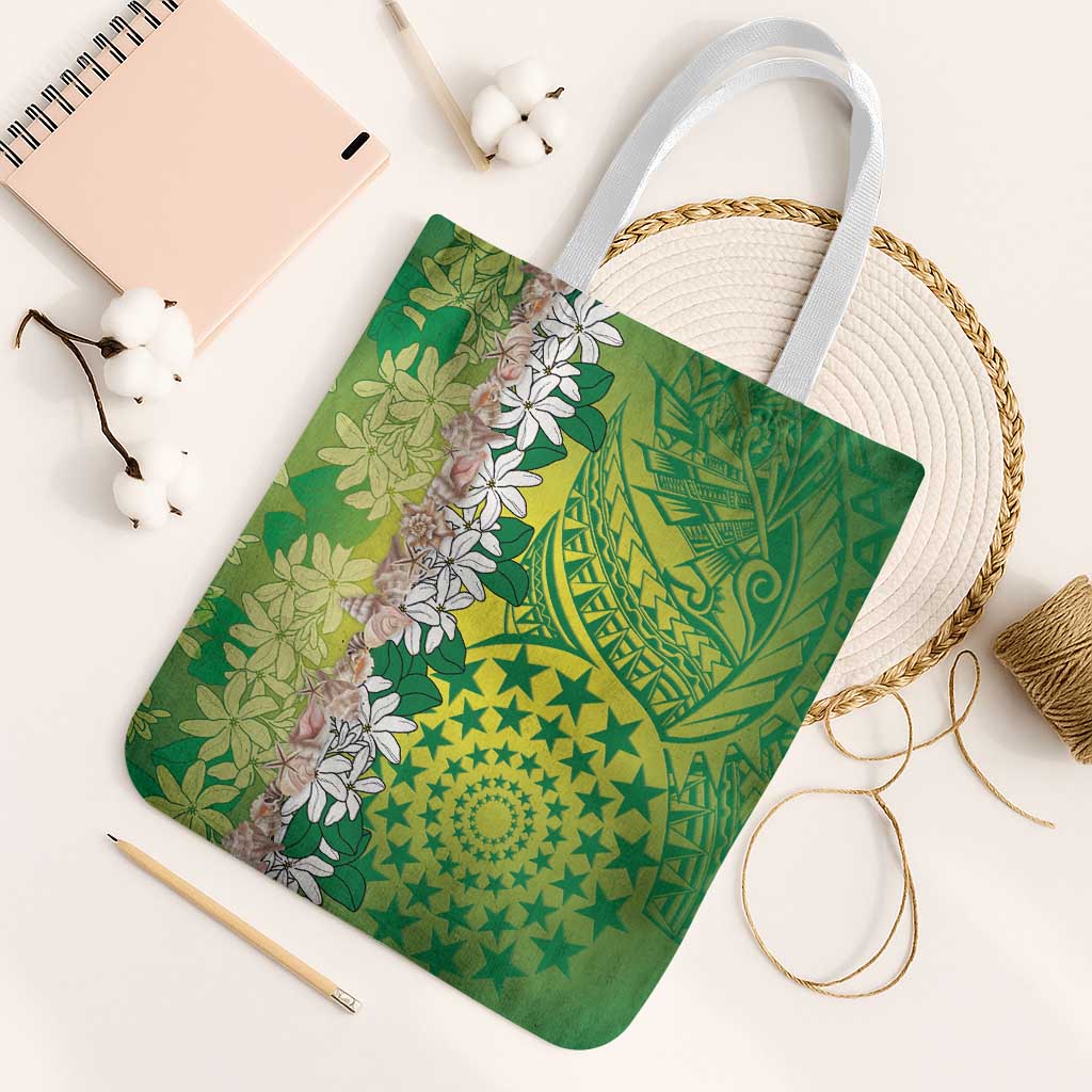 Cook Islands Tiare Maori With Conch Shell Tote Bag Pasifika Fest Polynesian Tattoo Green LT14 White Strap One Size Green - Polynesian Pride