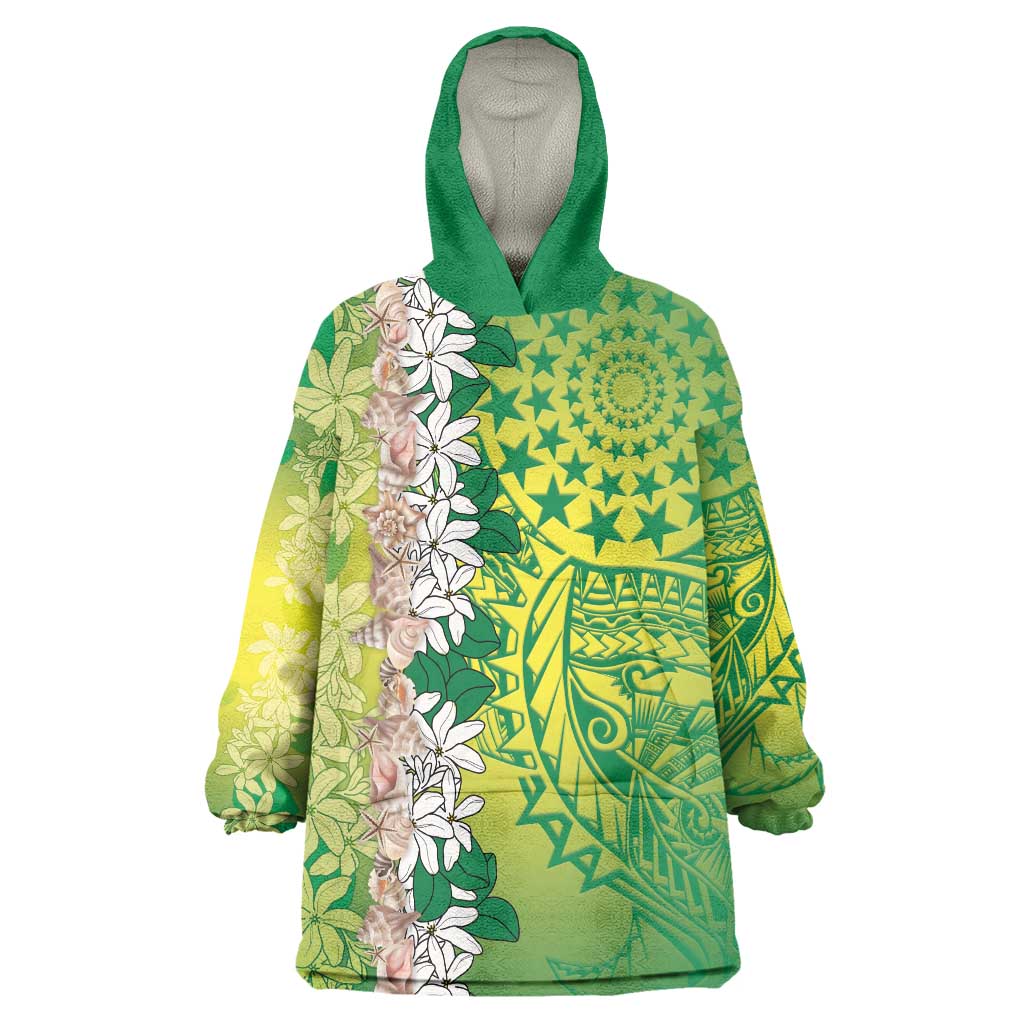 Cook Islands Tiare Maori With Conch Shell Wearable Blanket Hoodie Pasifika Fest Polynesian Tattoo Green
