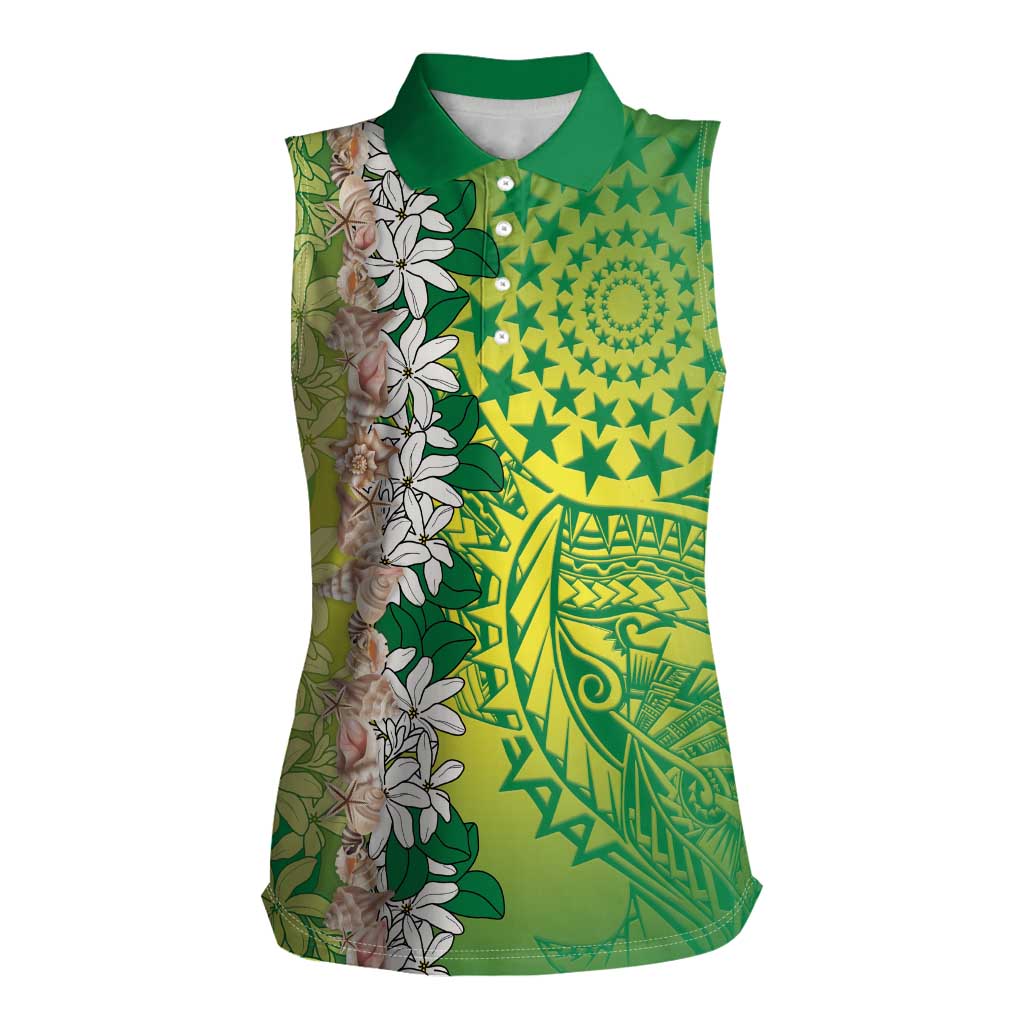 Cook Islands Tiare Maori With Conch Shell Women Sleeveless Polo Shirt Pasifika Fest Polynesian Tattoo Green