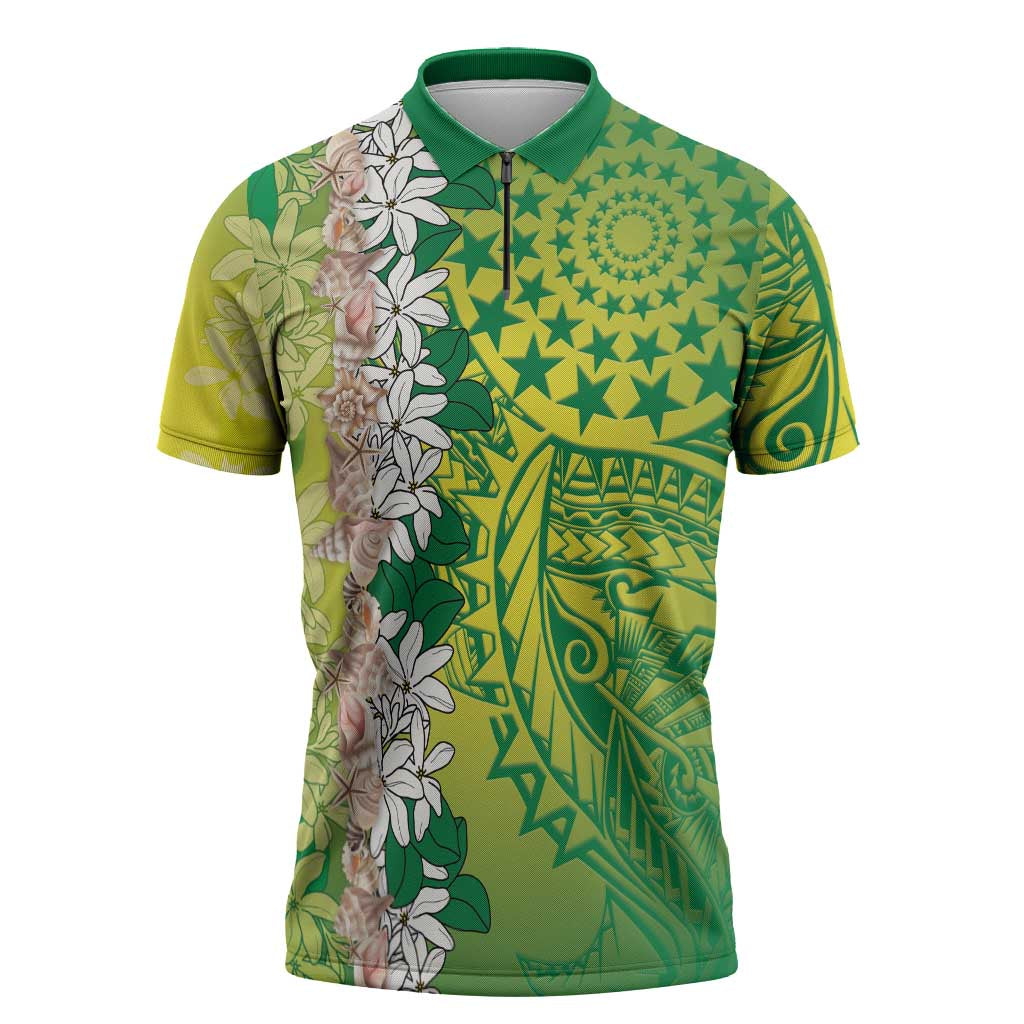 Cook Islands Tiare Maori With Conch Shell Zipper Polo Shirt Pasifika Fest Polynesian Tattoo Green