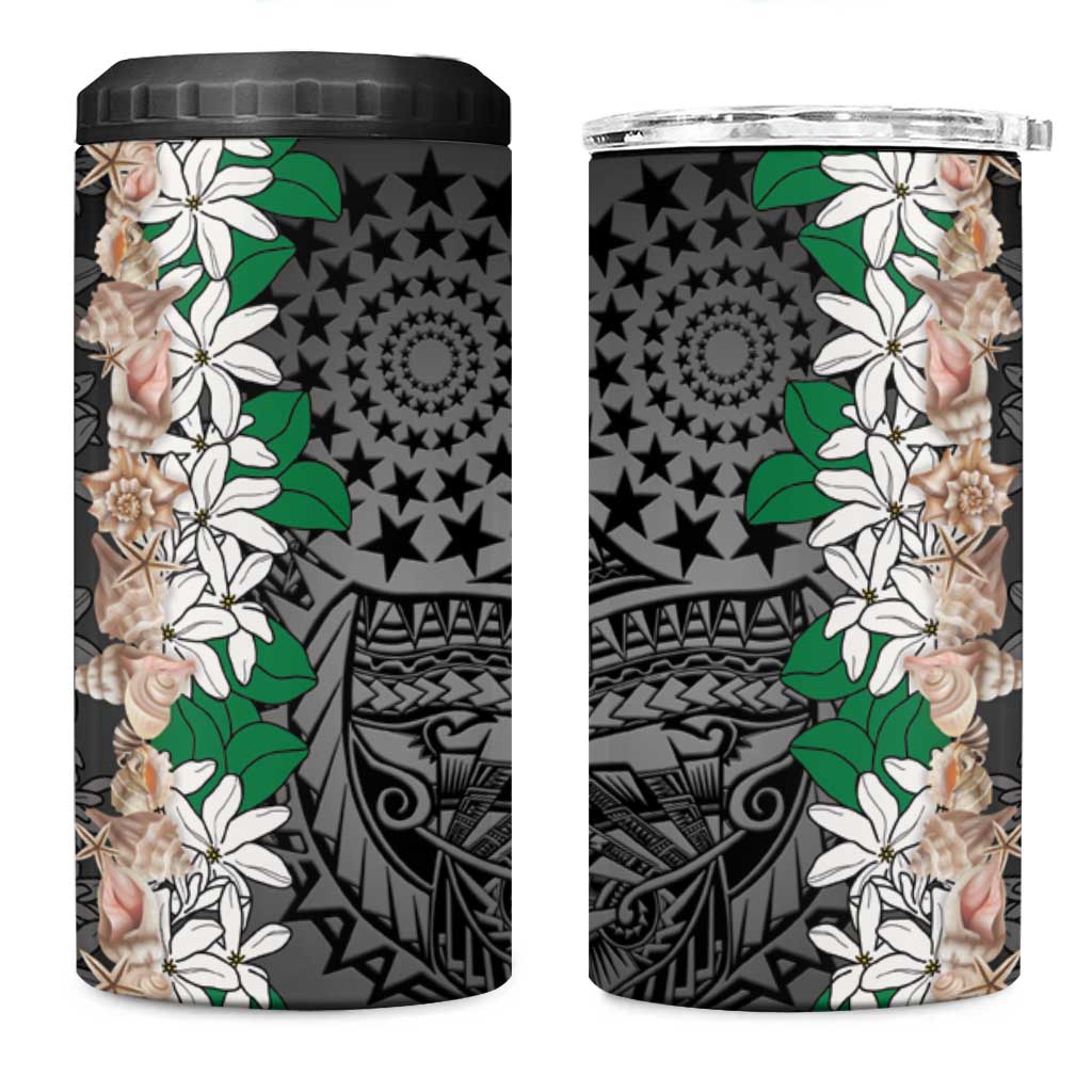Cook Islands Tiare Maori With Conch Shell 4 in 1 Can Cooler Tumbler Pasifika Fest Polynesian Tattoo Black