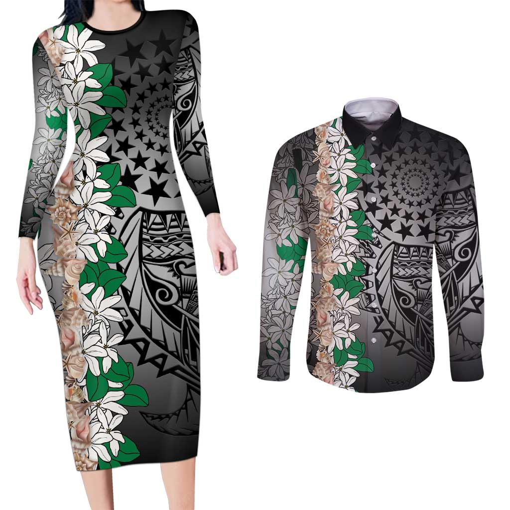 Cook Islands Tiare Maori With Conch Shell Couples Matching Long Sleeve Bodycon Dress and Long Sleeve Button Shirt Pasifika Fest Polynesian Tattoo Black