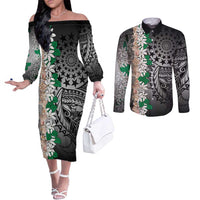 Cook Islands Tiare Maori With Conch Shell Couples Matching Off The Shoulder Long Sleeve Dress and Long Sleeve Button Shirt Pasifika Fest Polynesian Tattoo Black