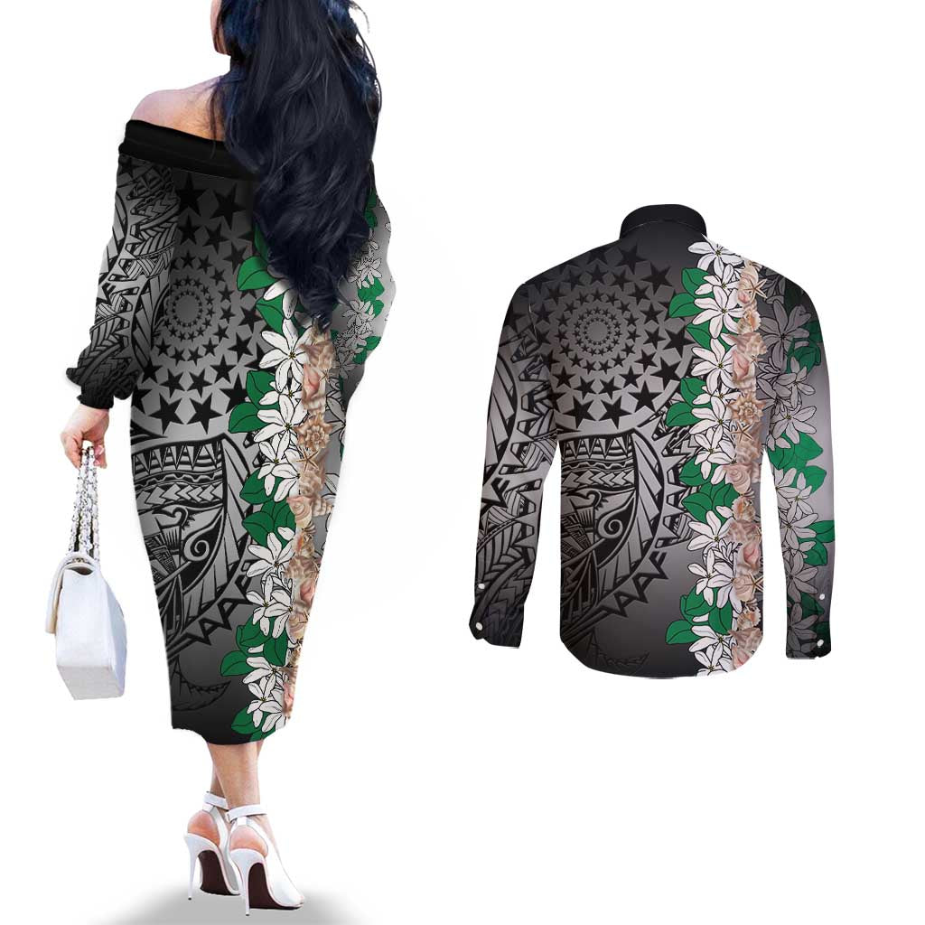 Cook Islands Tiare Maori With Conch Shell Couples Matching Off The Shoulder Long Sleeve Dress and Long Sleeve Button Shirt Pasifika Fest Polynesian Tattoo Black