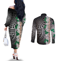 Cook Islands Tiare Maori With Conch Shell Couples Matching Off The Shoulder Long Sleeve Dress and Long Sleeve Button Shirt Pasifika Fest Polynesian Tattoo Black