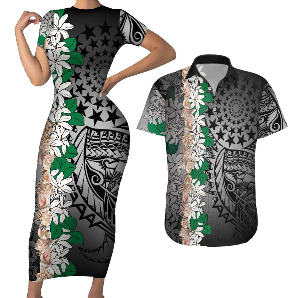 Cook Islands Tiare Maori With Conch Shell Couples Matching Short Sleeve Bodycon Dress and Hawaiian Shirt Pasifika Fest Polynesian Tattoo Black