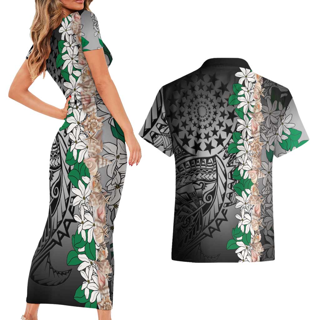 Cook Islands Tiare Maori With Conch Shell Couples Matching Short Sleeve Bodycon Dress and Hawaiian Shirt Pasifika Fest Polynesian Tattoo Black