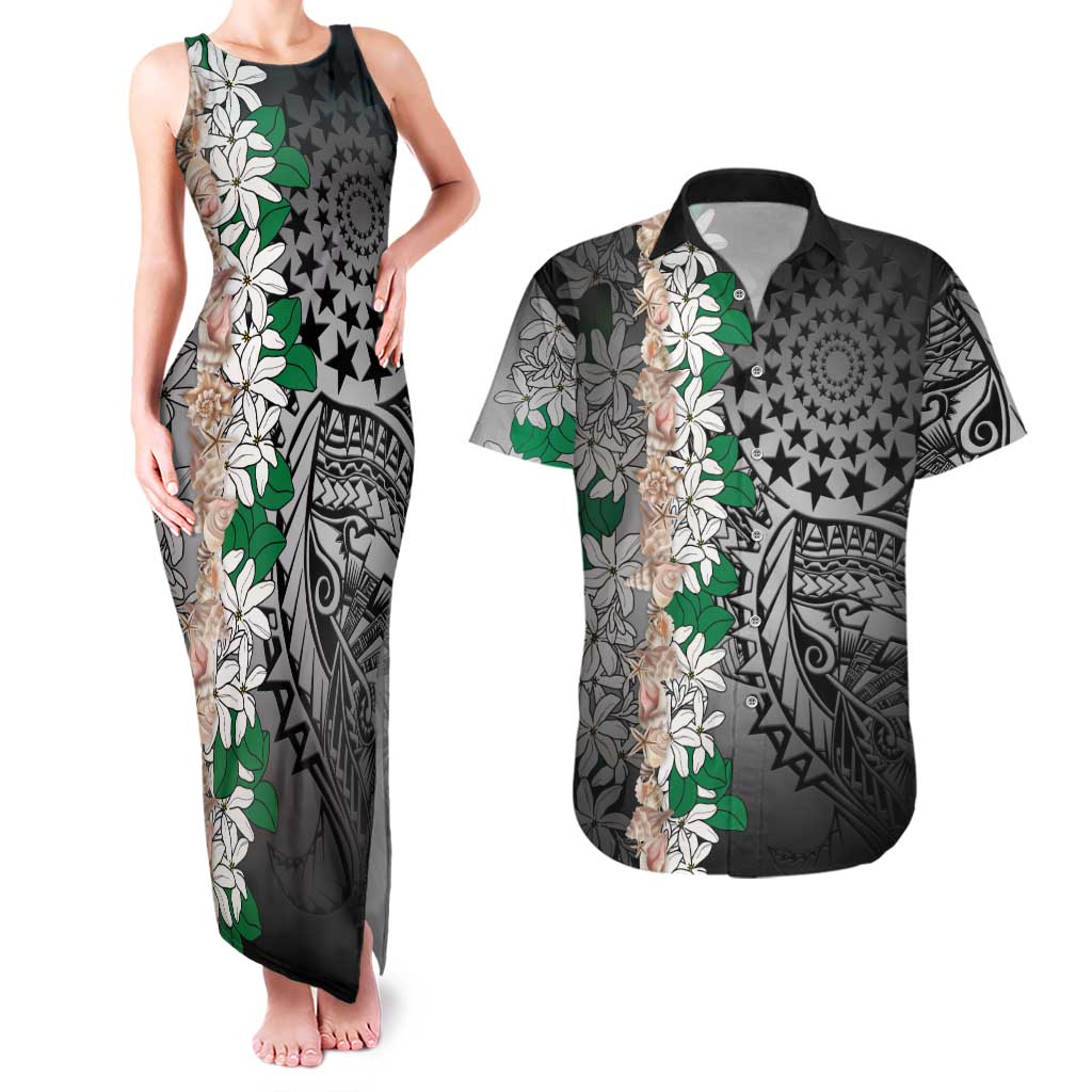 Cook Islands Tiare Maori With Conch Shell Couples Matching Tank Maxi Dress and Hawaiian Shirt Pasifika Fest Polynesian Tattoo Black
