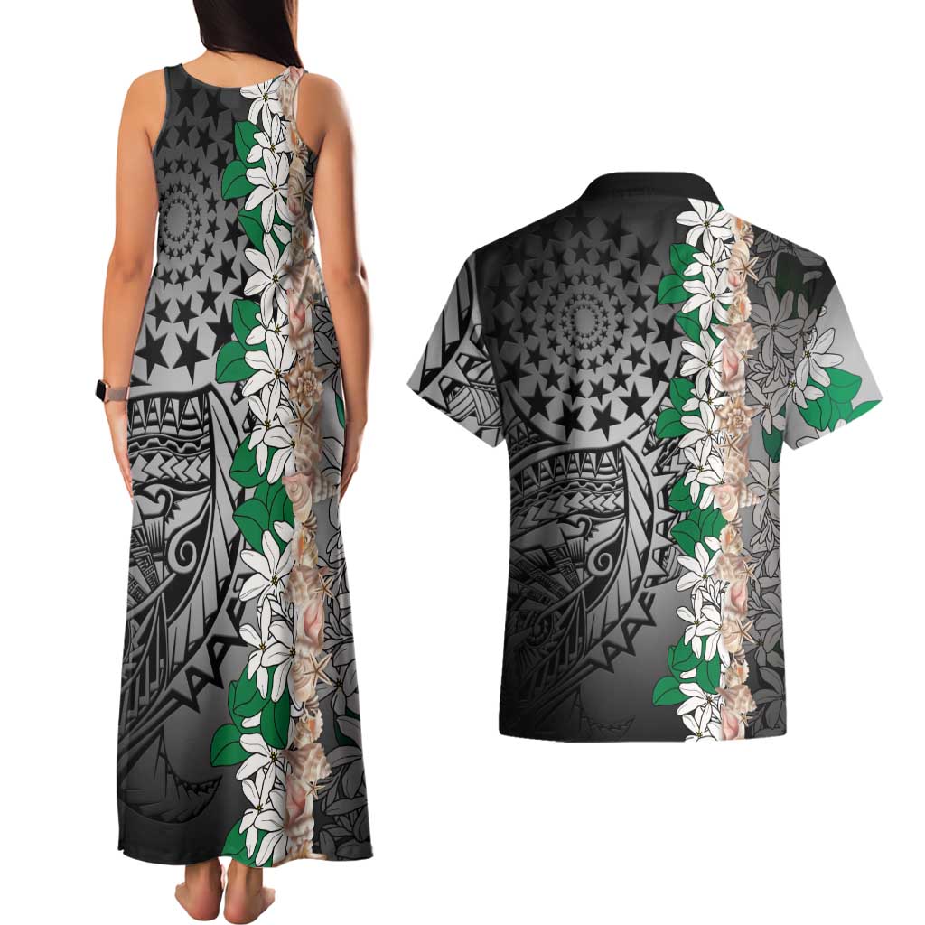 Cook Islands Tiare Maori With Conch Shell Couples Matching Tank Maxi Dress and Hawaiian Shirt Pasifika Fest Polynesian Tattoo Black