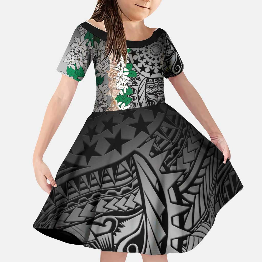 Cook Islands Tiare Maori With Conch Shell Family Matching Short Sleeve Bodycon Dress and Hawaiian Shirt Pasifika Fest Polynesian Tattoo Black