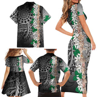 Cook Islands Tiare Maori With Conch Shell Family Matching Short Sleeve Bodycon Dress and Hawaiian Shirt Pasifika Fest Polynesian Tattoo Black