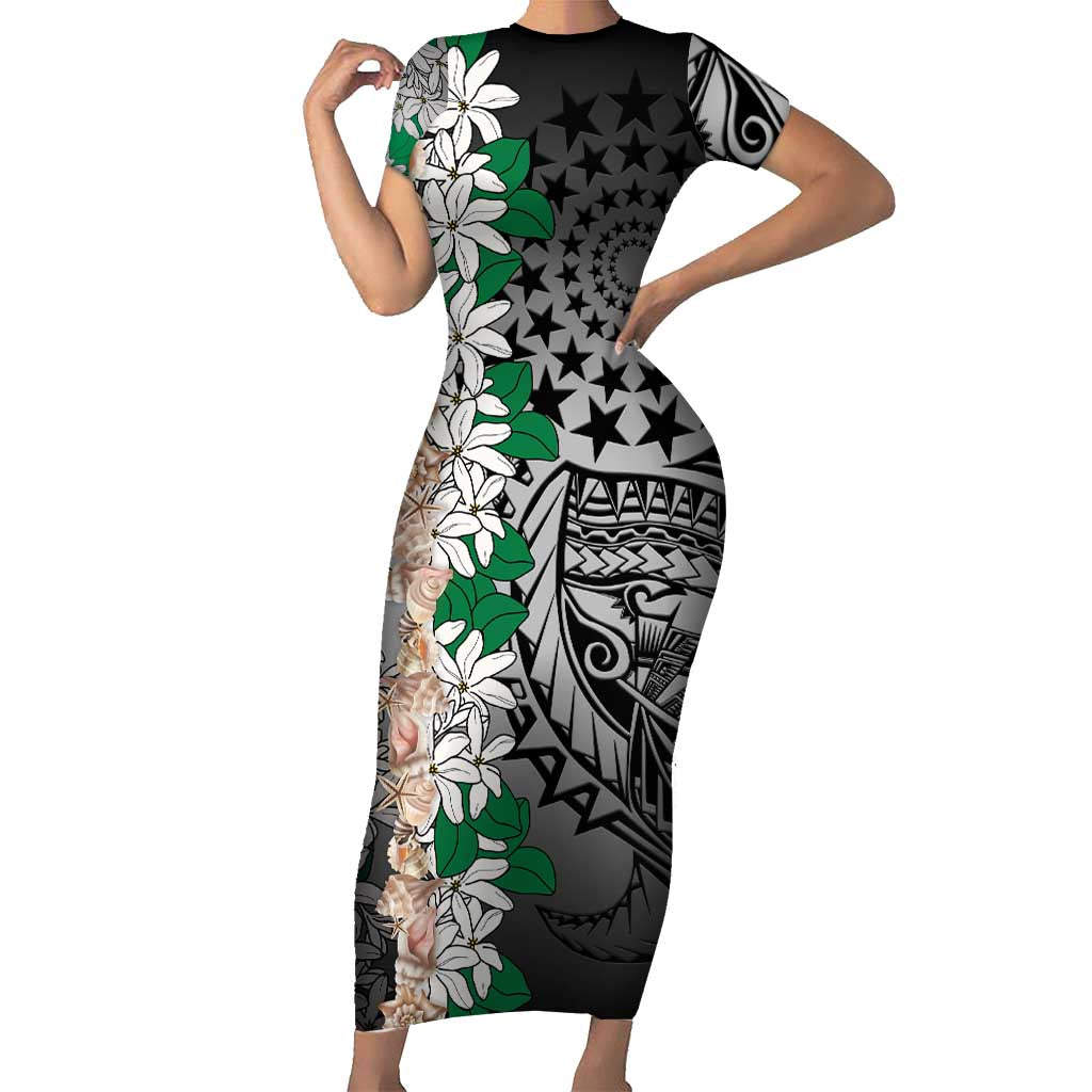 Cook Islands Tiare Maori With Conch Shell Family Matching Short Sleeve Bodycon Dress and Hawaiian Shirt Pasifika Fest Polynesian Tattoo Black