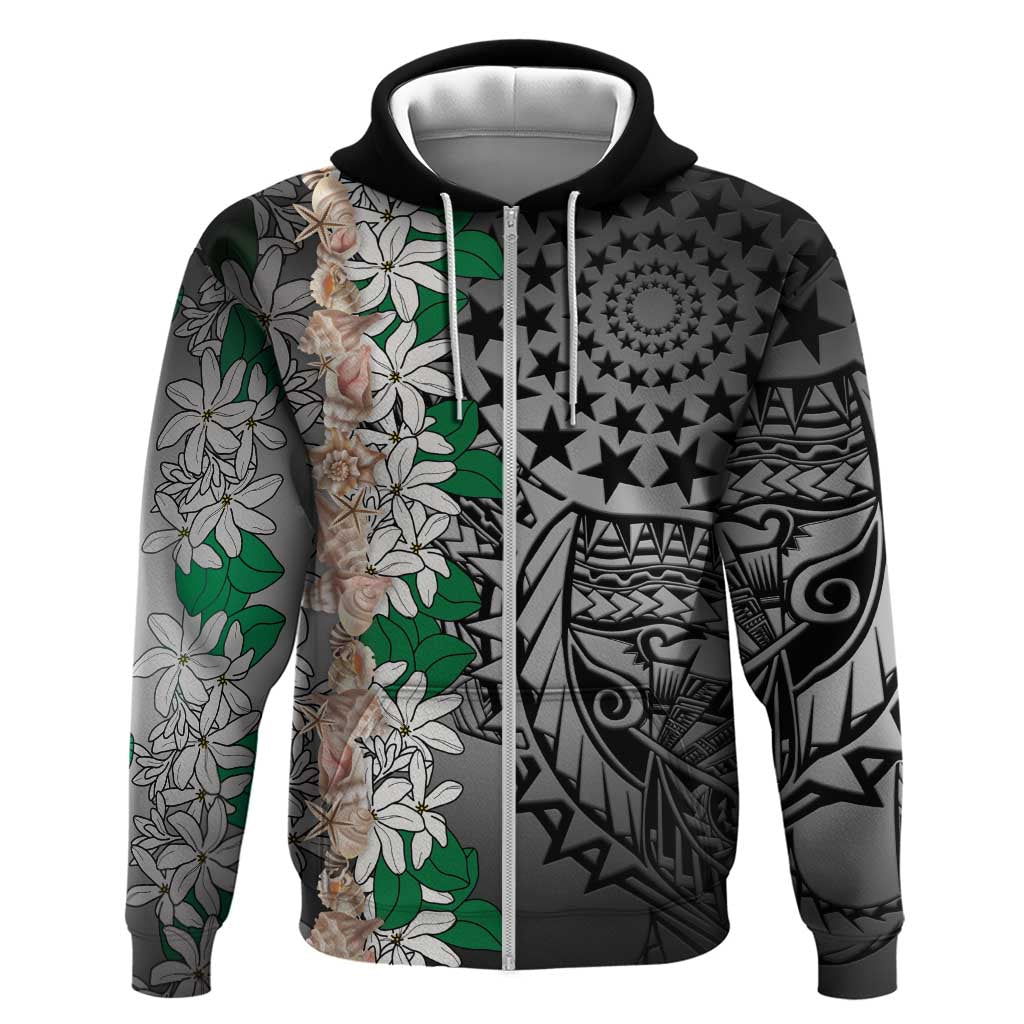 Cook Islands Tiare Maori With Conch Shell Hoodie Pasifika Fest Polynesian Tattoo Black LT14 Zip Hoodie Black - Polynesian Pride
