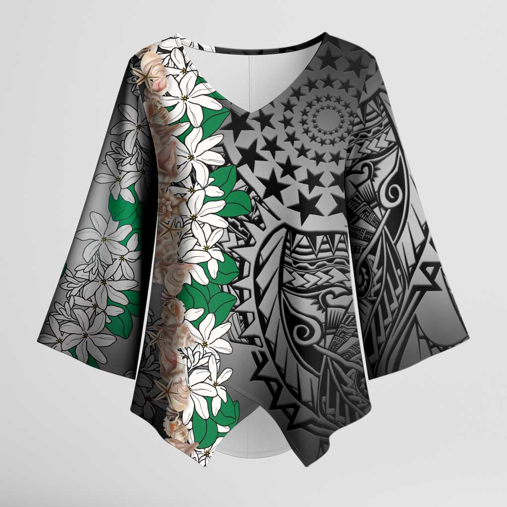 Cook Islands Tiare Maori With Conch Shell Kimono Sleeve Blouse Pasifika Fest Polynesian Tattoo Black LT14 Female Black - Polynesian Pride
