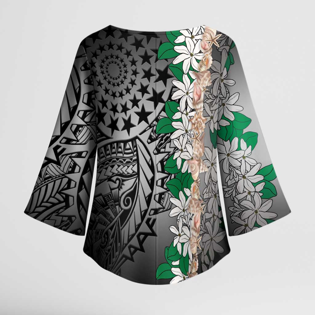 Cook Islands Tiare Maori With Conch Shell Kimono Sleeve Blouse Pasifika Fest Polynesian Tattoo Black LT14 - Polynesian Pride