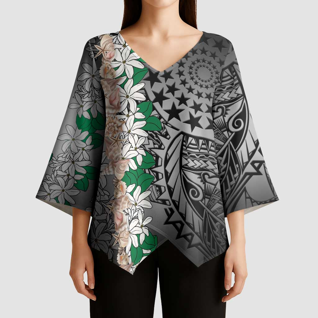 Cook Islands Tiare Maori With Conch Shell Kimono Sleeve Blouse Pasifika Fest Polynesian Tattoo Black LT14 - Polynesian Pride