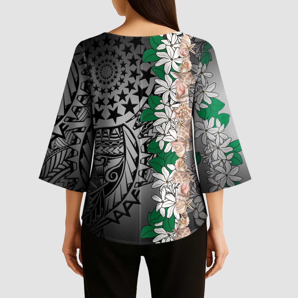 Cook Islands Tiare Maori With Conch Shell Kimono Sleeve Blouse Pasifika Fest Polynesian Tattoo Black LT14 - Polynesian Pride