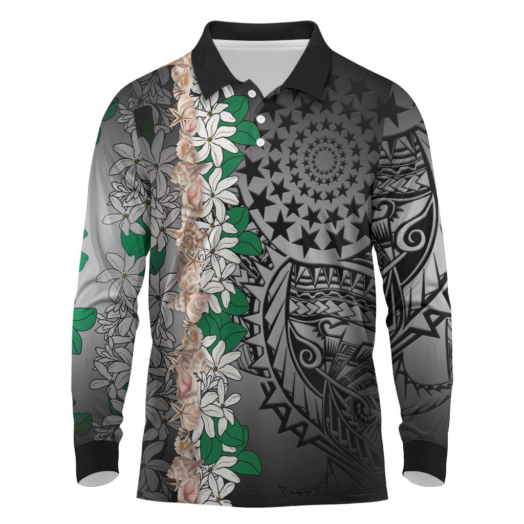 Cook Islands Tiare Maori With Conch Shell Long Sleeve Polo Shirt Pasifika Fest Polynesian Tattoo Black