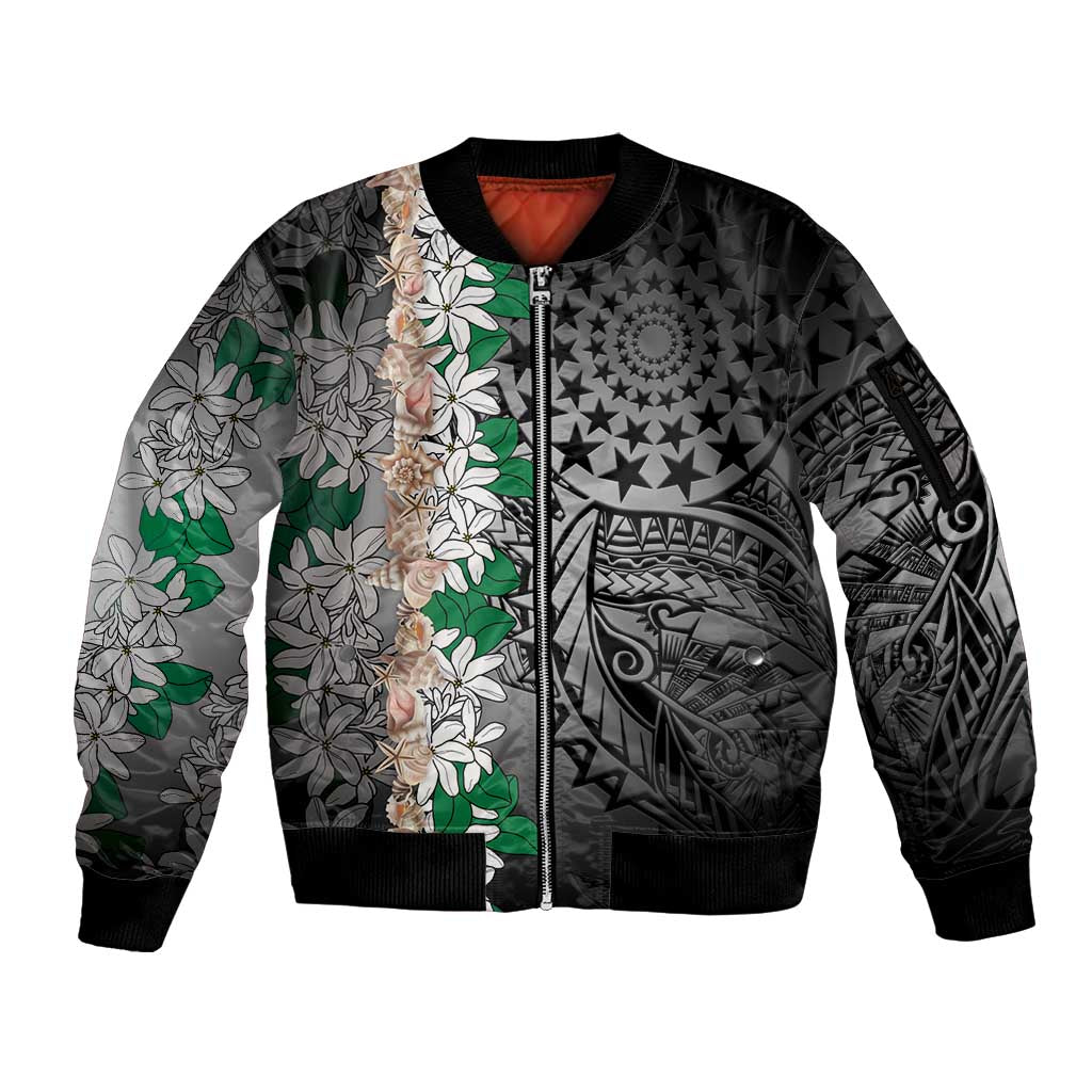 Cook Islands Tiare Maori With Conch Shell Sleeve Zip Bomber Jacket Pasifika Fest Polynesian Tattoo Black LT14 Unisex Black - Polynesian Pride