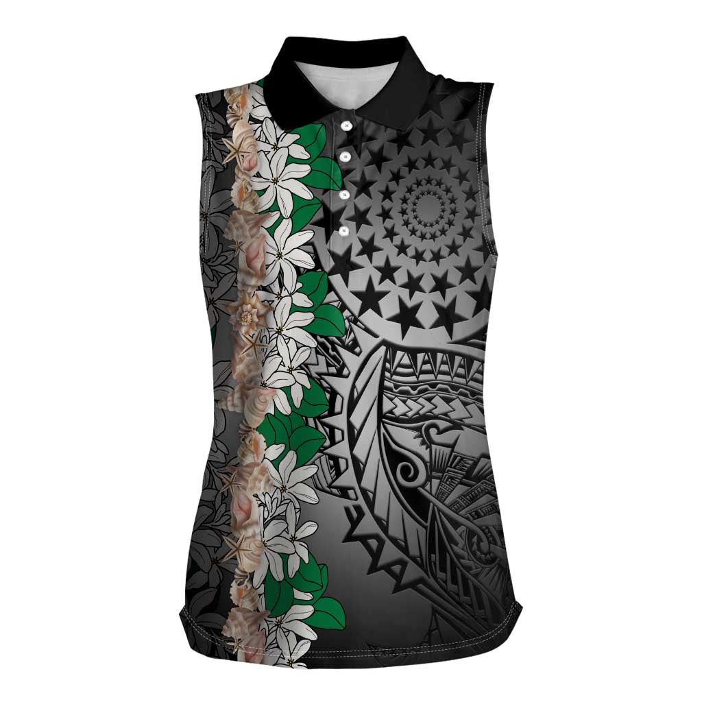 Cook Islands Tiare Maori With Conch Shell Women Sleeveless Polo Shirt Pasifika Fest Polynesian Tattoo Black