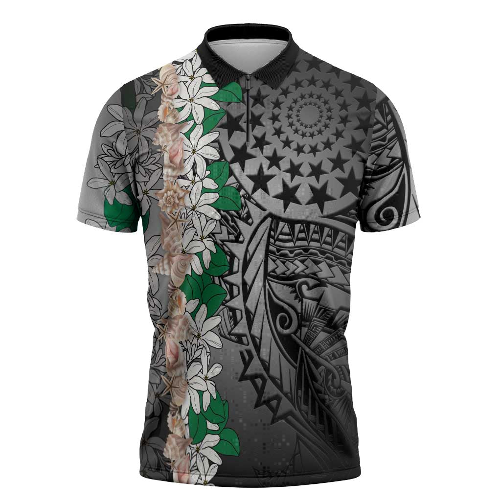 Cook Islands Tiare Maori With Conch Shell Zipper Polo Shirt Pasifika Fest Polynesian Tattoo Black