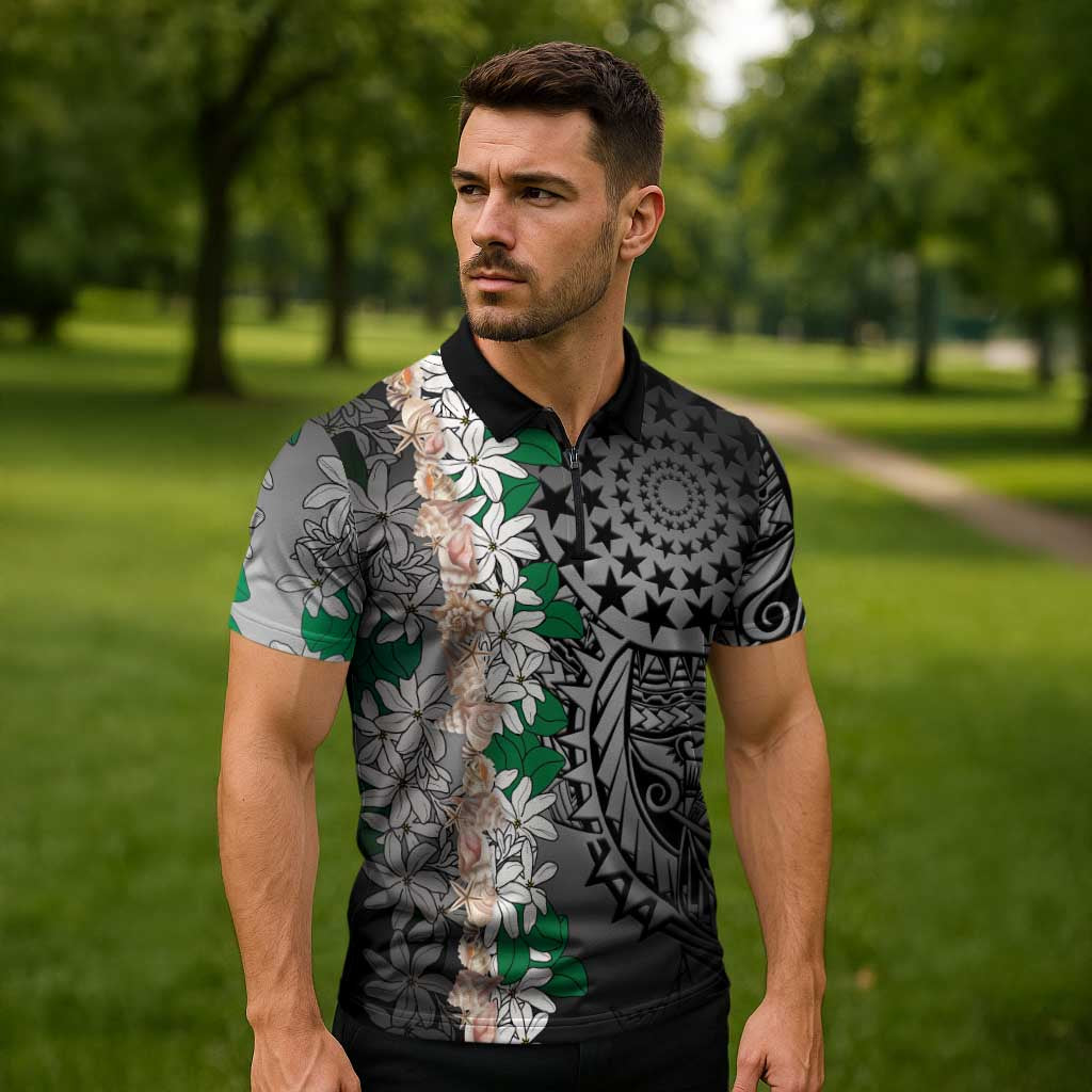Cook Islands Tiare Maori With Conch Shell Zipper Polo Shirt Pasifika Fest Polynesian Tattoo Black LT14 - Polynesian Pride