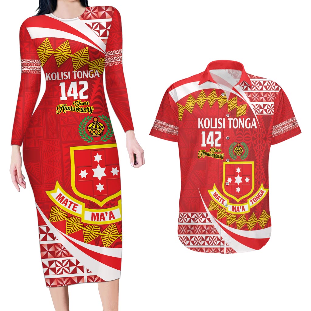 Personalised Kolisi Tonga College Atele Couples Matching Long Sleeve Bodycon Dress and Hawaiian Shirt Mate Maa Tonga 142 Years Anniversary LT14 Red - Polynesian Pride