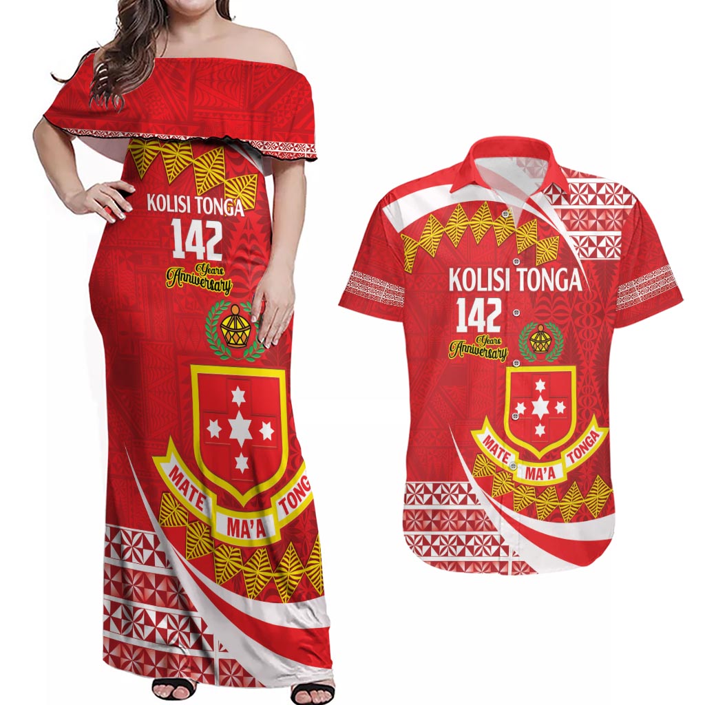 Personalised Kolisi Tonga College Atele Couples Matching Off Shoulder Maxi Dress and Hawaiian Shirt Mate Maa Tonga 142 Years Anniversary LT14 Red - Polynesian Pride