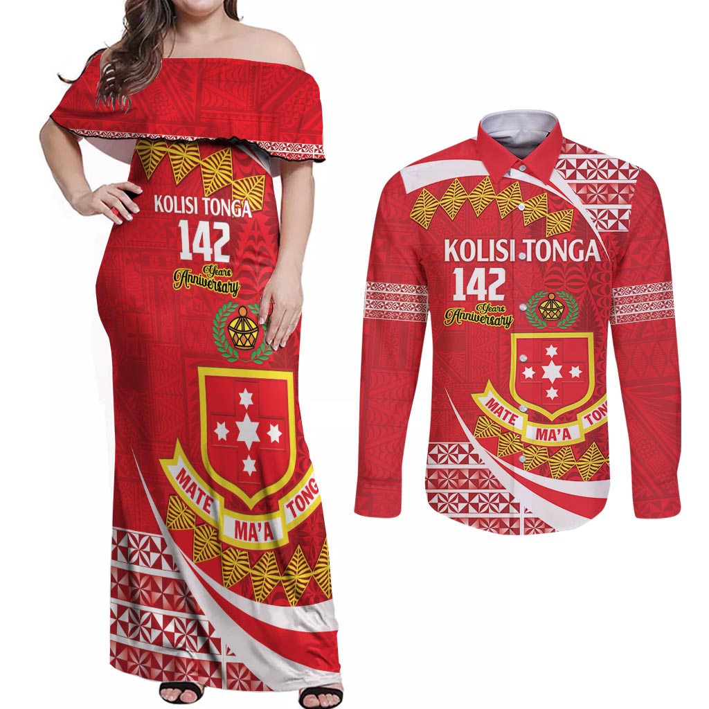 Personalised Kolisi Tonga College Atele Couples Matching Off Shoulder Maxi Dress and Long Sleeve Button Shirt Mate Maa Tonga 142 Years Anniversary LT14 Red - Polynesian Pride