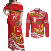 Personalised Kolisi Tonga College Atele Couples Matching Off Shoulder Maxi Dress and Long Sleeve Button Shirt Mate Maa Tonga 142 Years Anniversary LT14 Red - Polynesian Pride