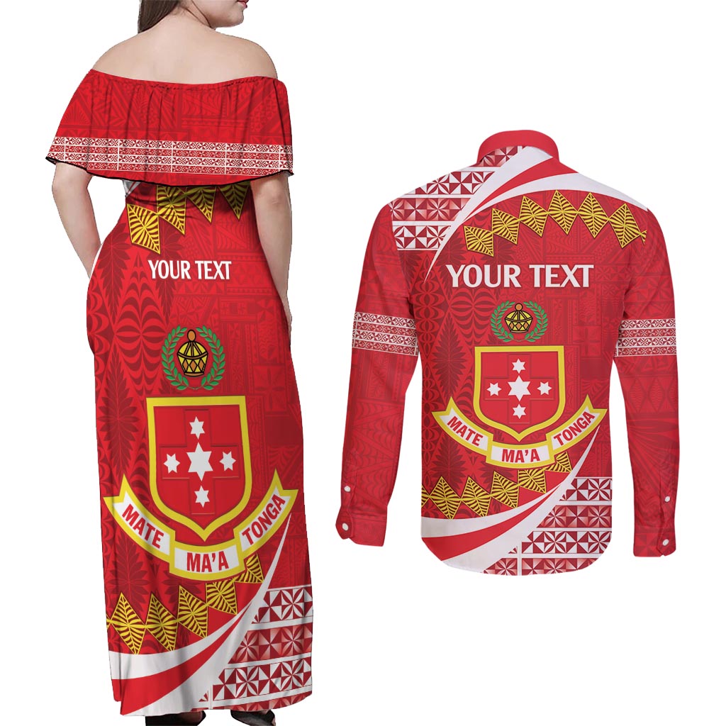 Personalised Kolisi Tonga College Atele Couples Matching Off Shoulder Maxi Dress and Long Sleeve Button Shirt Mate Maa Tonga 142 Years Anniversary LT14 - Polynesian Pride
