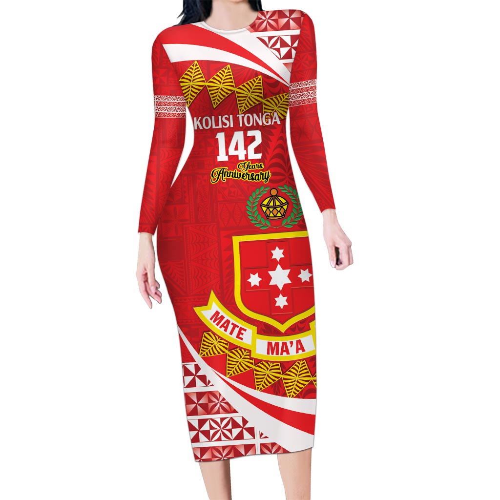 Personalised Kolisi Tonga College Atele Long Sleeve Bodycon Dress Mate Maa Tonga 142 Years Anniversary LT14 Long Dress Red - Polynesian Pride
