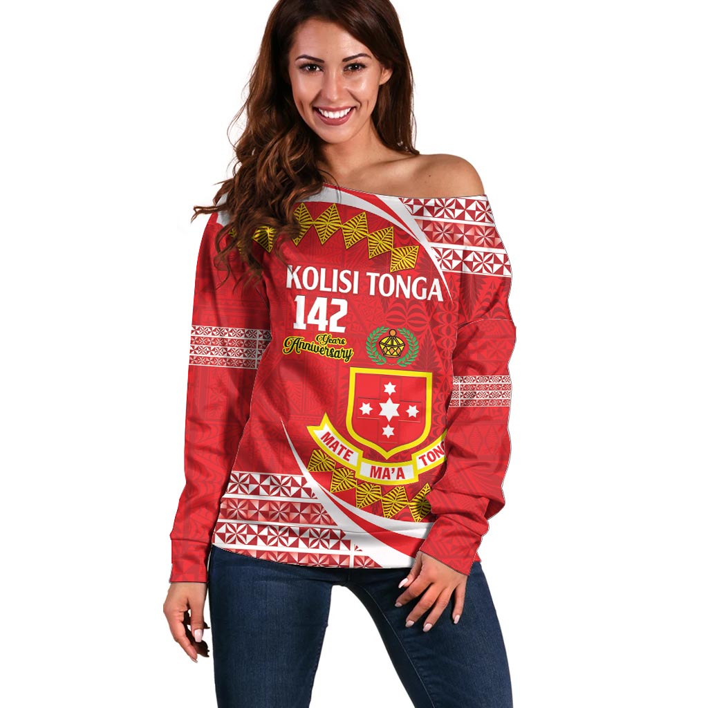 Personalised Kolisi Tonga College Atele Off Shoulder Sweater Mate Maa Tonga 142 Years Anniversary LT14 Women Red - Polynesian Pride