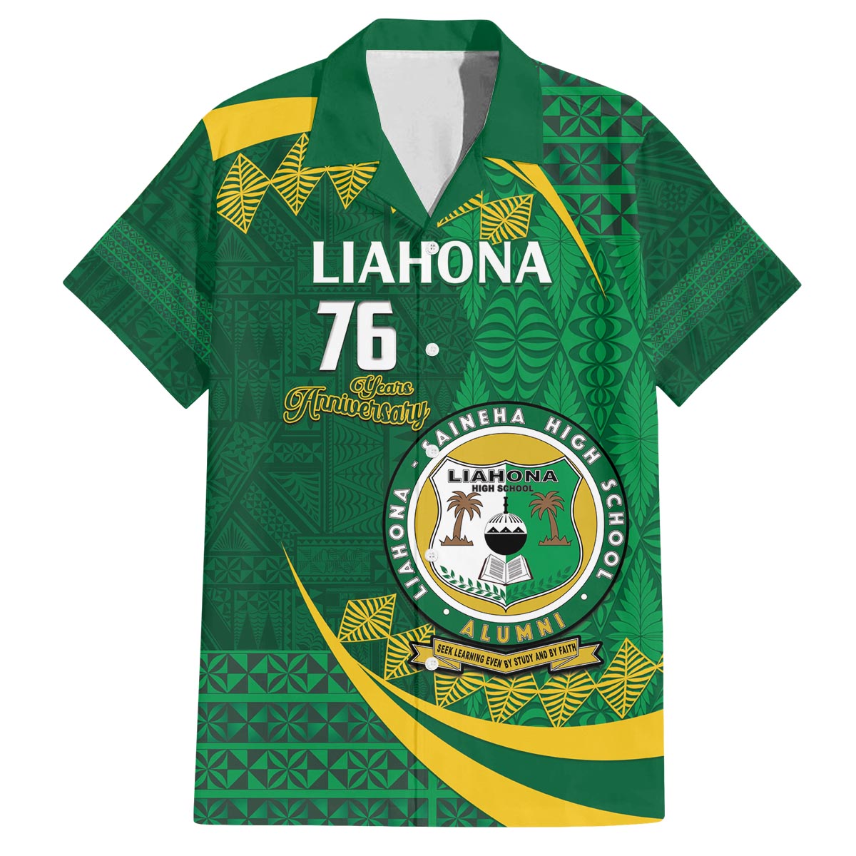 Personalised Tonga Liahona-Saineha High School Family Matching Off The Shoulder Long Sleeve Dress and Hawaiian Shirt Happy 76 Years Anniversary